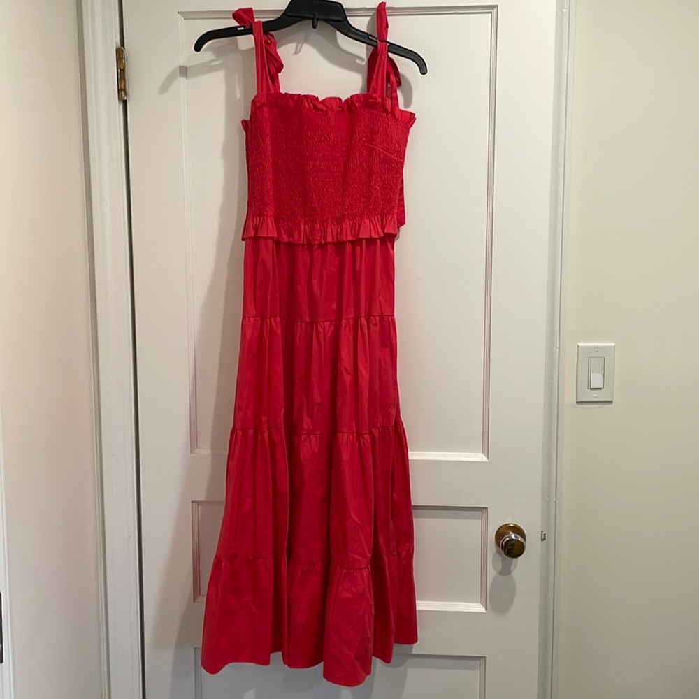 Red bow tie shoulder strap midi dress
